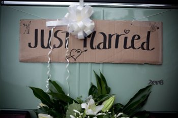Just Married sign on the back of a Citroen 2CV