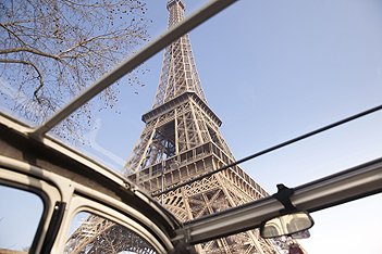 View of the Eiffel Tower from the sunroof of the Citroën 2CV